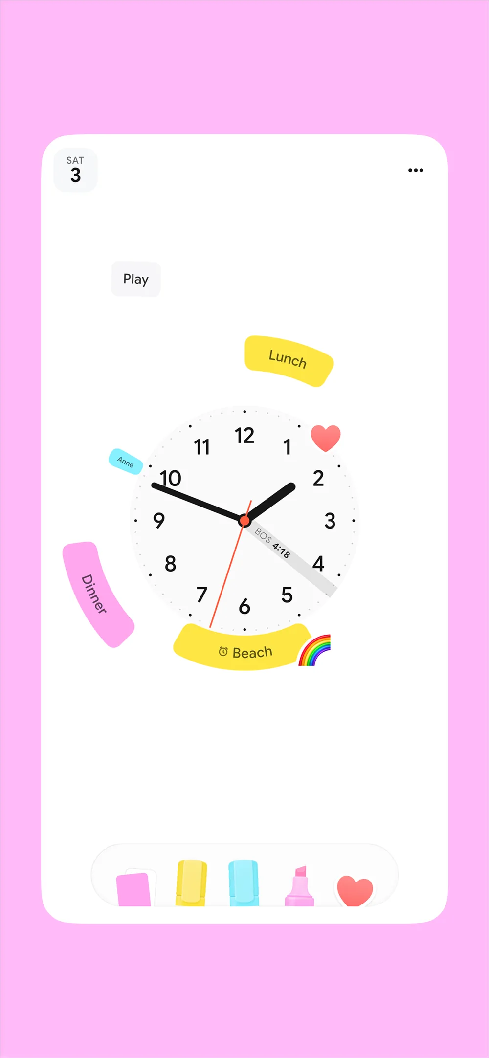 Markers, stickers and a highlighted Beach block around the clock
